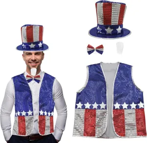Nicky Bigs Novelties Patriotic Uncle Sam Costume Set for Adults Deluxe Sequin Top Hat American Flag Vest Bowtie & White Beard Red White Blue 4th of July Parade Outfit for Men Women
