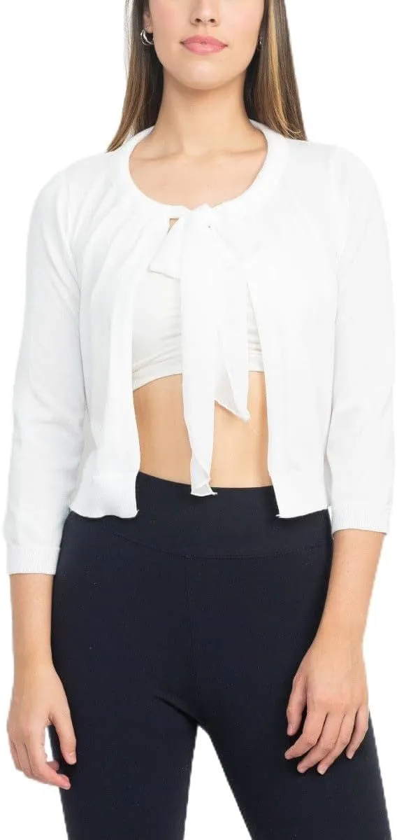 Nina Leonard Crew Neck Tie Neck 3/4 Sleeve Open Front Solid Rayon Bolero Ivory/L
