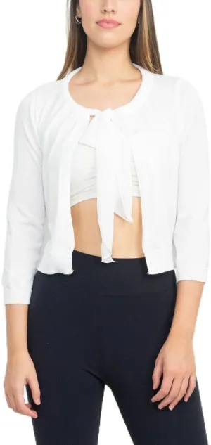 Nina Leonard Crew Neck Tie Neck 3/4 Sleeve Open Front Solid Rayon Bolero Ivory/XL