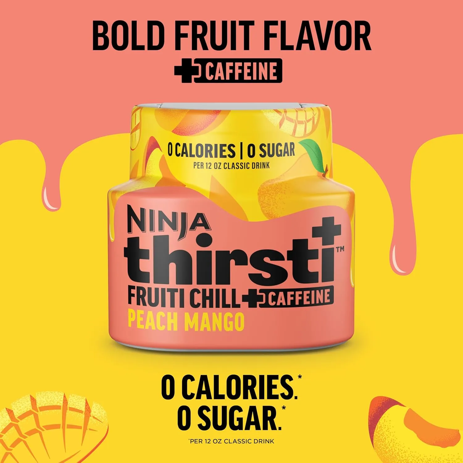Ninja Thirsti Flavored Water Drops, FRUITI CHILL  Peach Mango, Bold Fruit Flavor with Caffeine,Sparkling or Still, Zero Calories, Zero Sugar, Makes 17, 12oz drinks, 3 Pack, WCFPCMGAM