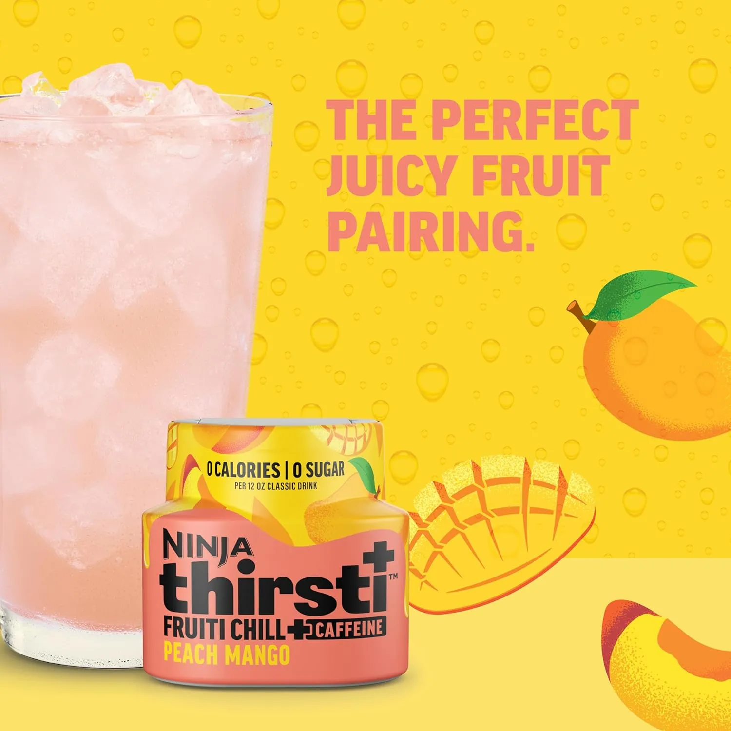 Ninja Thirsti Flavored Water Drops, FRUITI CHILL  Peach Mango, Bold Fruit Flavor with Caffeine,Sparkling or Still, Zero Calories, Zero Sugar, Makes 17, 12oz drinks, 3 Pack, WCFPCMGAM
