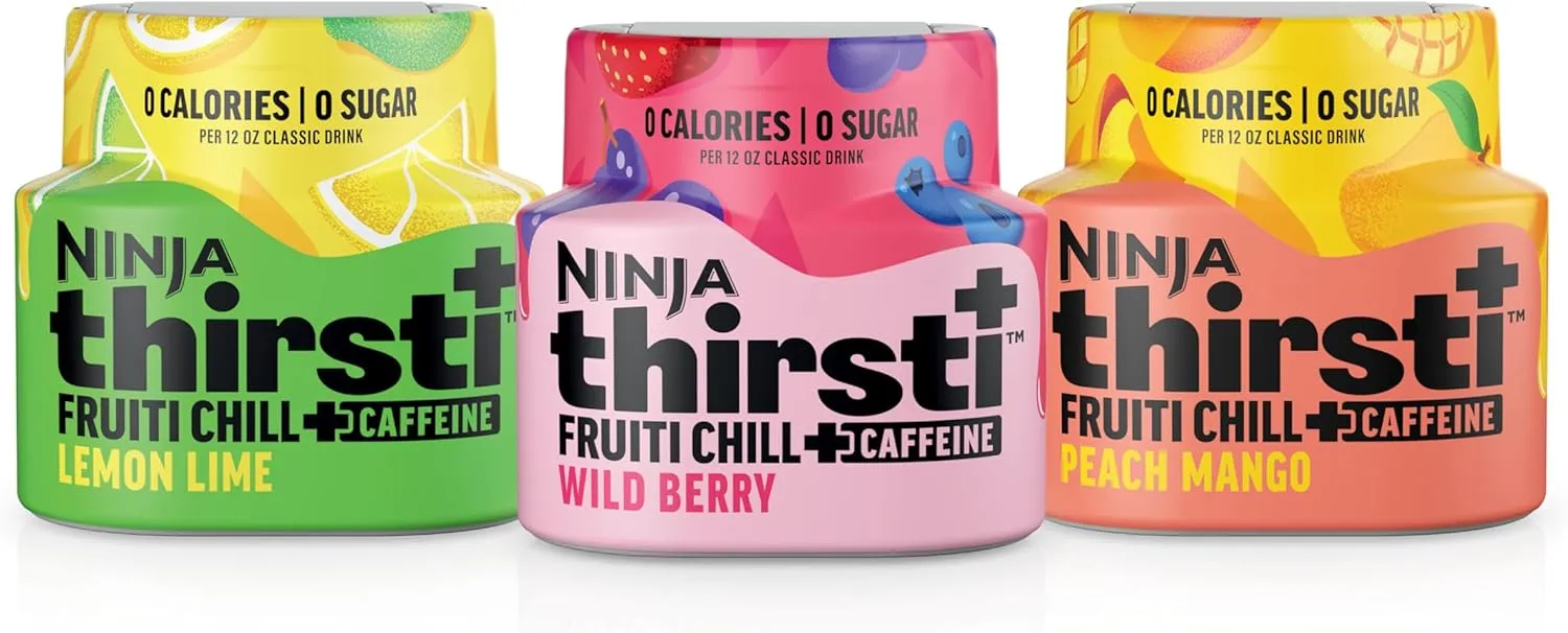 Ninja Thirsti Flavored Water Drops, FRUITI CHILL  Variety Pack, Bold Fruit Flavor with Caffeine, Sparkling or Still Calories, Zero Sugar, Makes 17, 12oz drinks, 3 Pack, WCFV3