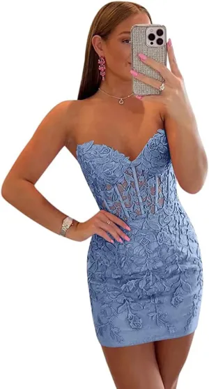 Noras dress Strapless Tight Homecoming Dresses for Teens Short 2025 Lace Appliques Cocktail Party Dress NB250