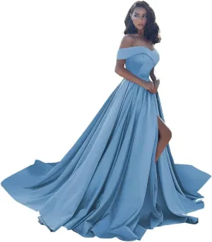 Off Shoulder Satin Prom Dresses Ball Gown Plus Size Formal Dresses for Women Wedding Dress with Slit