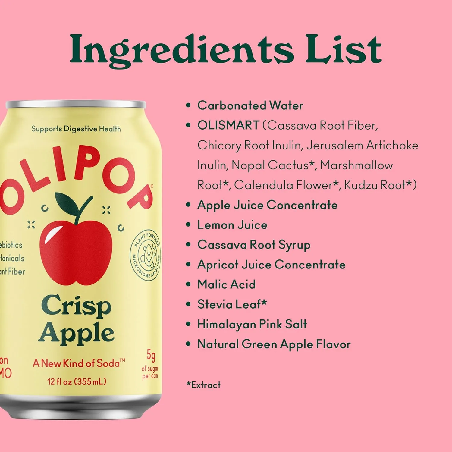 OLIPOP Prebiotic Soda Pop, Crisp Apple, A New Kind of Soda Packed with Prebiotics, Fiber, and Botanicals, Gluten Free, Vegan, GMO Free, 12oz (12-Cans)