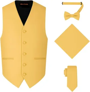 Oliver George 4pc Men's Solid Formal Waistcoat Tuxedo Dress Vest Necktie BowTie Handkerchief Set For Suit or Tuxedo
