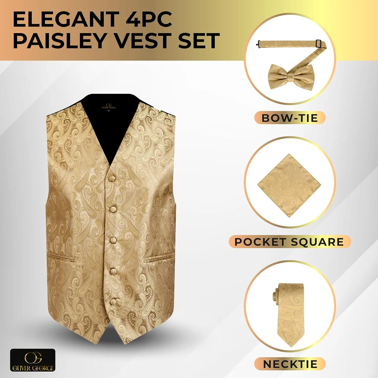 Oliver George Men's 4pc Paisley Design Waistcoat Tuxedo Dress Vest Necktie Bowtie Handkerchief Set for Suit or Tuxedo