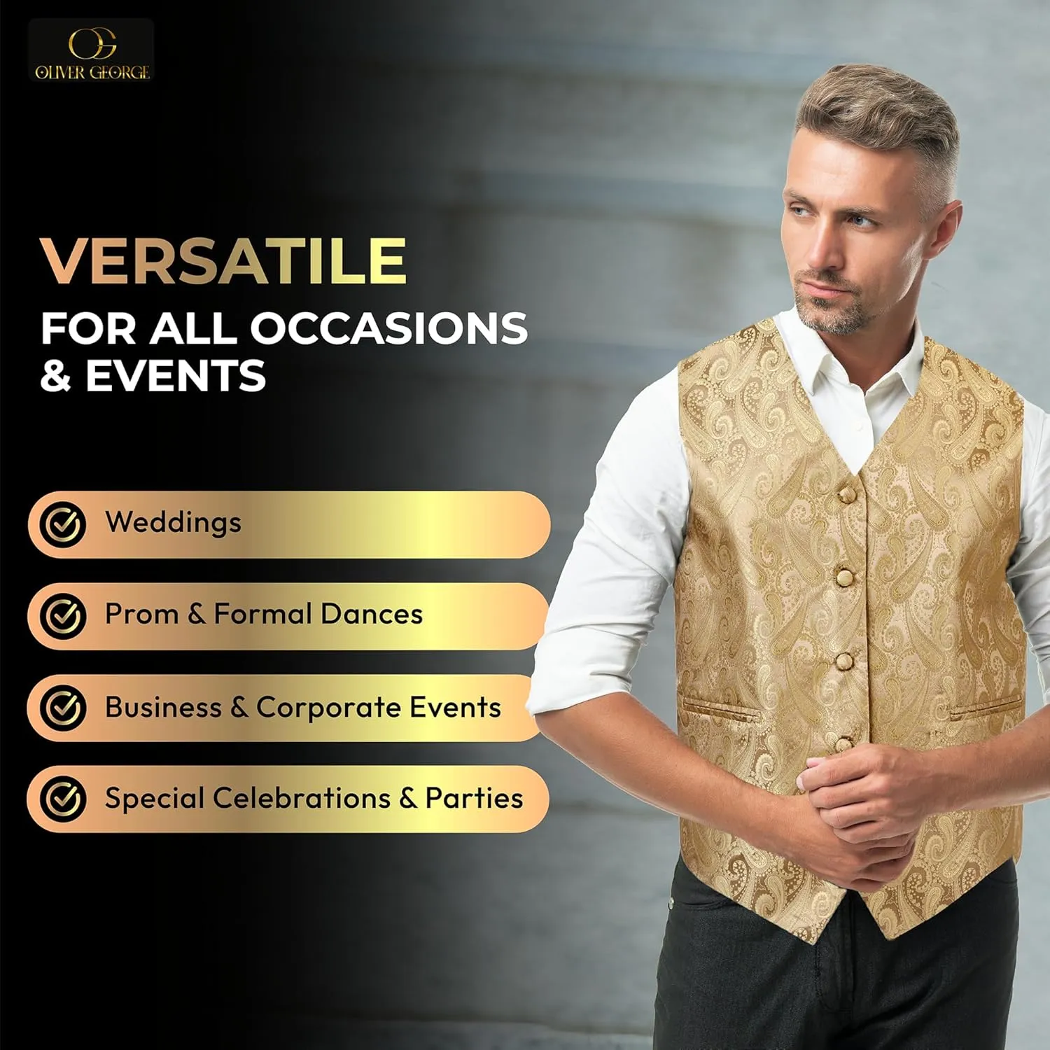 Oliver George Men's 4pc Paisley Design Waistcoat Tuxedo Dress Vest Necktie Bowtie Handkerchief Set for Suit or Tuxedo