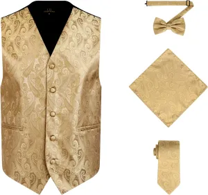 Oliver George Men's 4pc Paisley Design Waistcoat Tuxedo Dress Vest Necktie Bowtie Handkerchief Set for Suit or Tuxedo