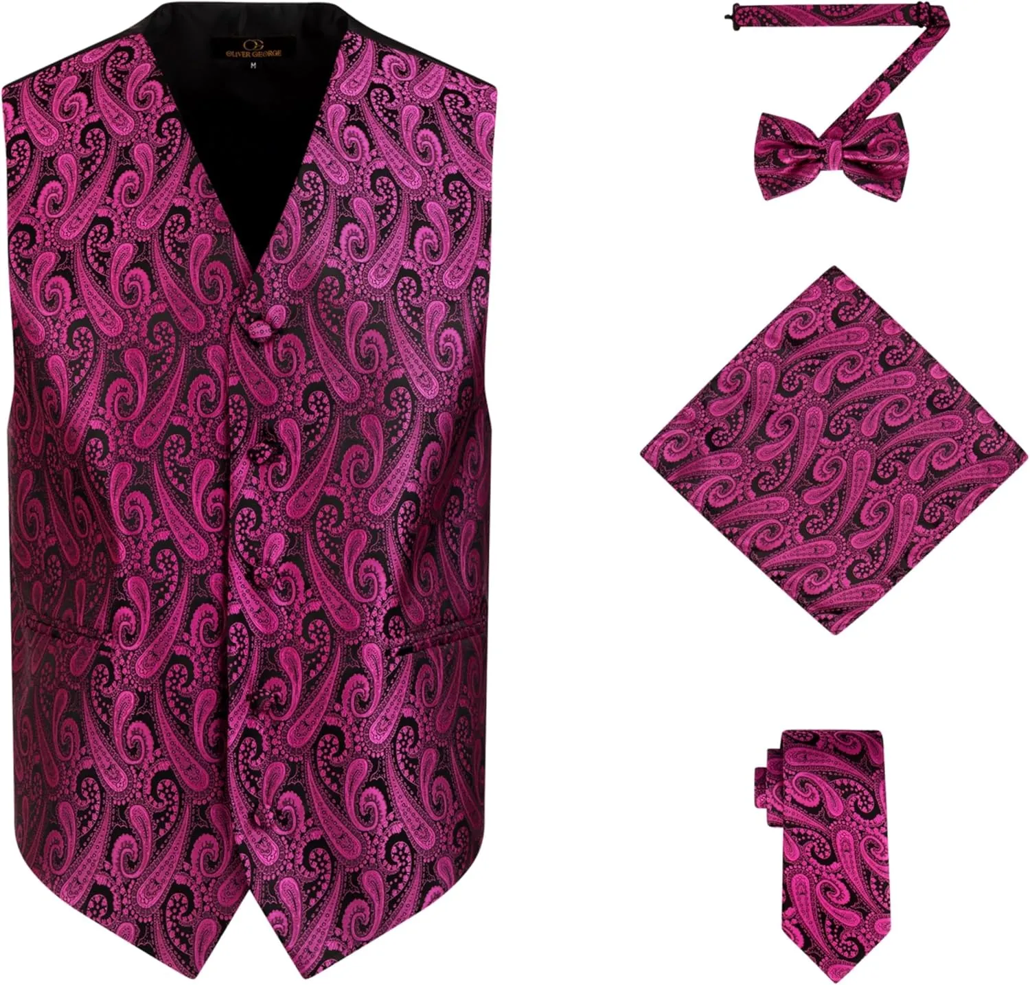 Oliver George Men's 4pc Paisley Design Waistcoat Tuxedo Dress Vest Necktie Bowtie Handkerchief Set for Suit or Tuxedo