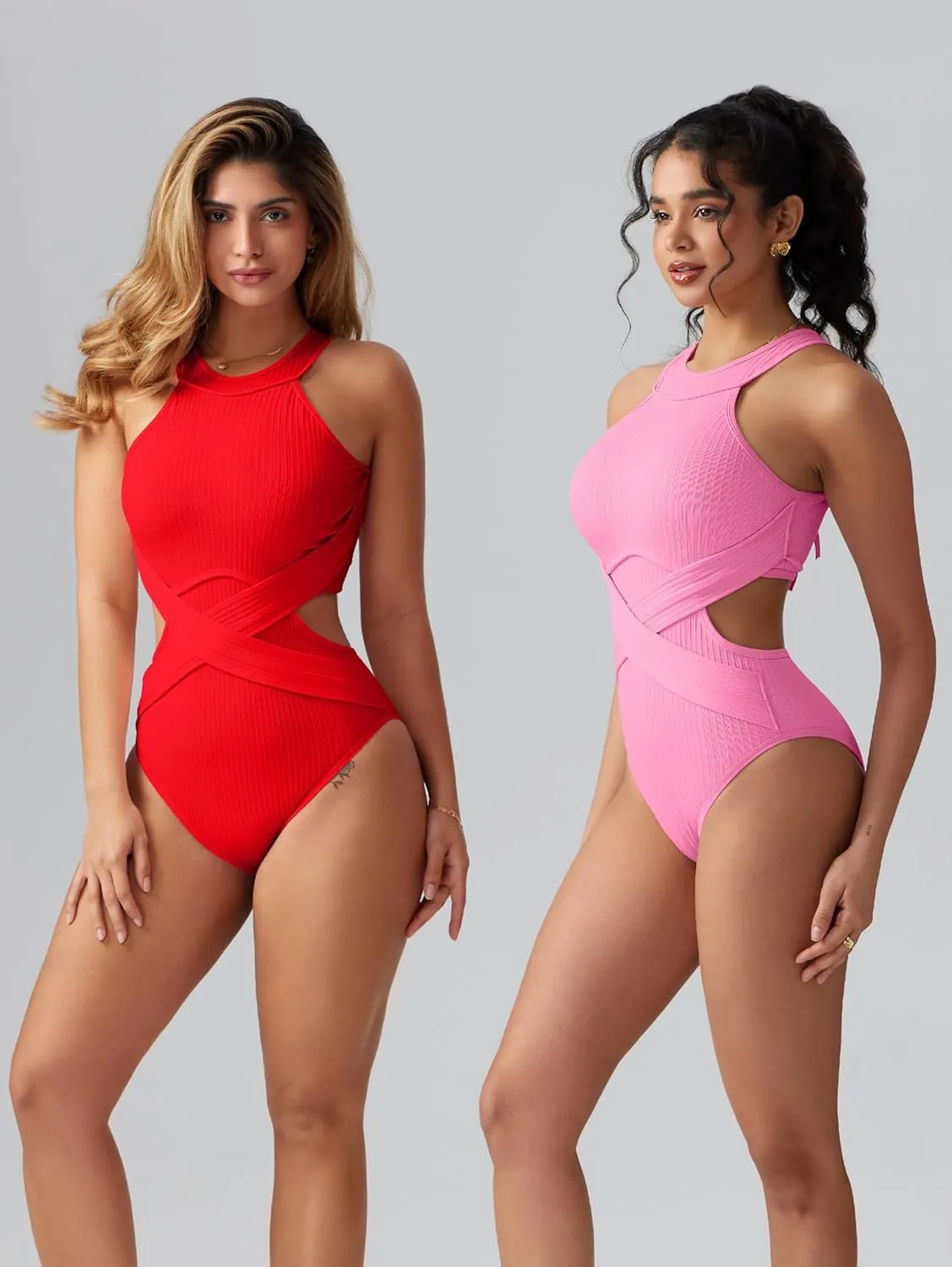 OQQ Women's One Piece Swimsuits Tummy Control High Waisted Cross Bathing Suit Wrap Tie Back 1 Piece Swimwear