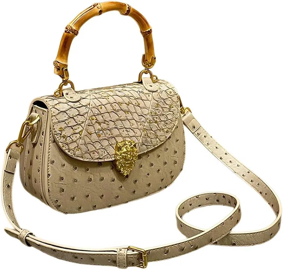 Ostrich Leather Purse Women Bag Real Bamboo Top-Handle Satchel Handbags Portable Saddle Bag Small Shoulder Messenger Bag