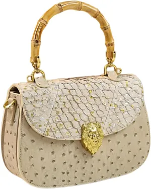 Ostrich Leather Purse Women Bag Real Bamboo Top-Handle Satchel Handbags Portable Saddle Bag Small Shoulder Messenger Bag