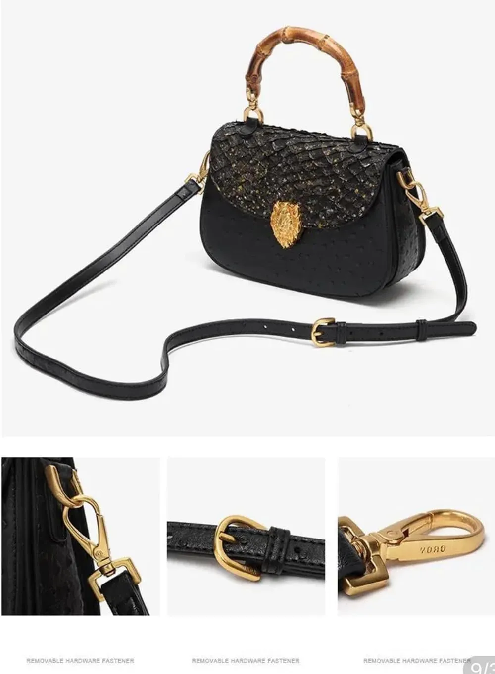Ostrich Leather Purse Women Bag Real Bamboo Top-Handle Satchel Handbags Portable Saddle Bag Small Shoulder Messenger Bag