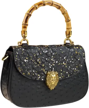 Ostrich Leather Purse Women Bag Real Bamboo Top-Handle Satchel Handbags Portable Saddle Bag Small Shoulder Messenger Bag