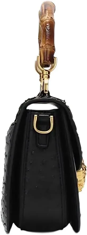 Ostrich Leather Purse Women Bag Real Bamboo Top-Handle Satchel Handbags Portable Saddle Bag Small Shoulder Messenger Bag