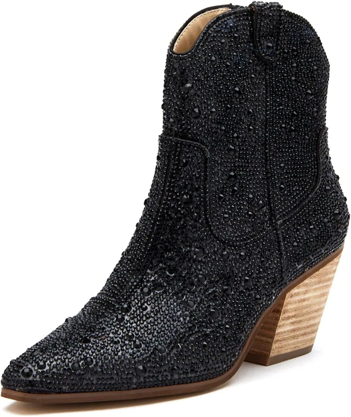Ouepiano Women's Cowgirl Ankle Boots Western Rhinestones Pointed Toe Low Chunky Heel Pull On Short Cowboy Boots for Women,Girl,Party
