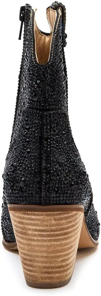 Ouepiano Women's Cowgirl Ankle Boots Western Rhinestones Pointed Toe Low Chunky Heel Pull On Short Cowboy Boots for Women,Girl,Party