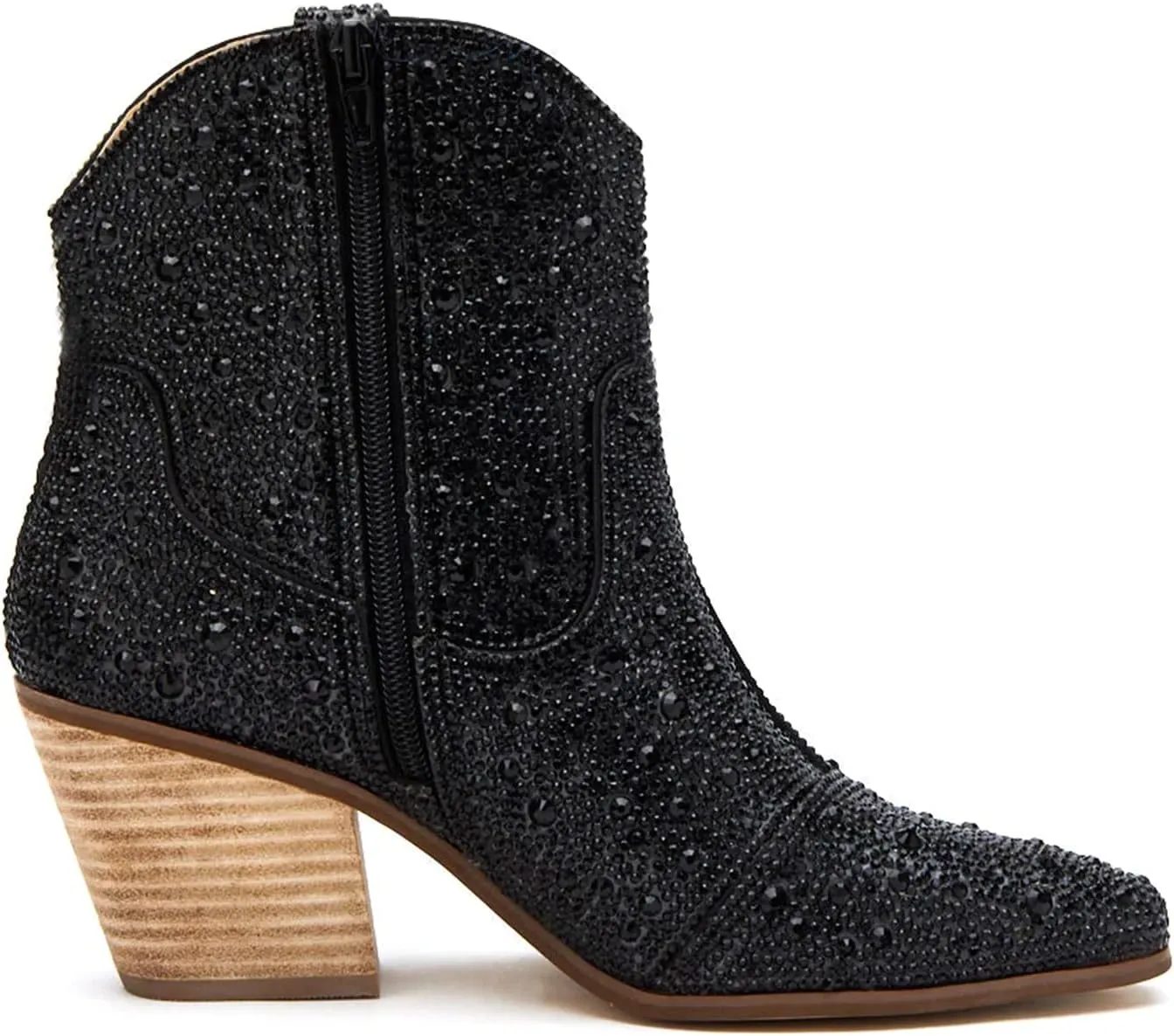 Ouepiano Women's Cowgirl Ankle Boots Western Rhinestones Pointed Toe Low Chunky Heel Pull On Short Cowboy Boots for Women,Girl,Party