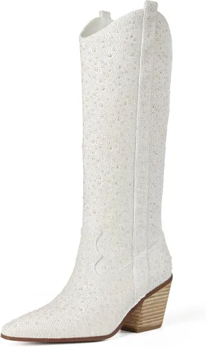 Ouepiano Women's Cowgirl Ankle Boots Western Rhinestones Pointed Toe Low Chunky Heel Pull On Short Cowboy Boots for Women,Girl,Party