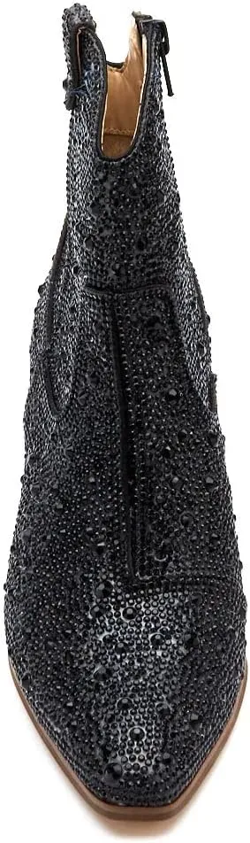 Ouepiano Women's Cowgirl Ankle Boots Western Rhinestones Pointed Toe Low Chunky Heel Pull On Short Cowboy Boots for Women,Girl,Party