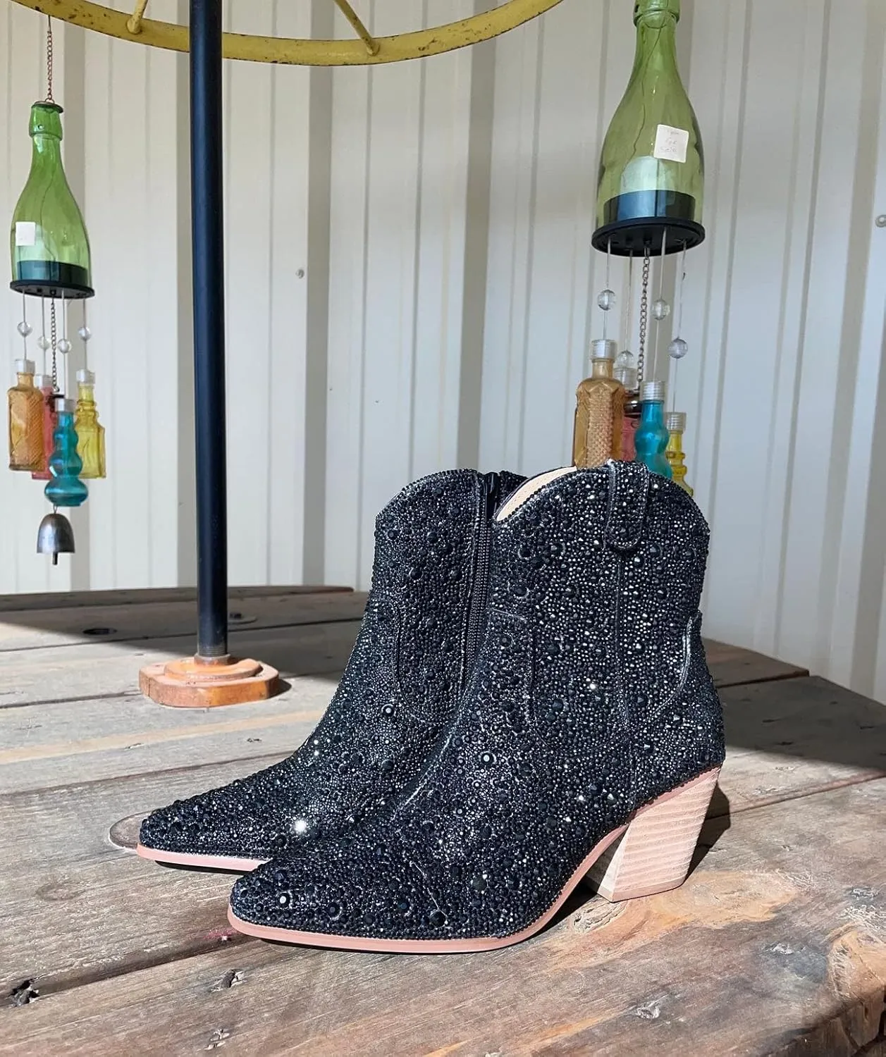 Ouepiano Women's Cowgirl Ankle Boots Western Rhinestones Pointed Toe Low Chunky Heel Pull On Short Cowboy Boots for Women,Girl,Party