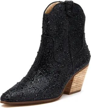 Ouepiano Women's Cowgirl Ankle Boots Western Rhinestones Pointed Toe Low Chunky Heel Pull On Short Cowboy Boots for Women,Girl,Party