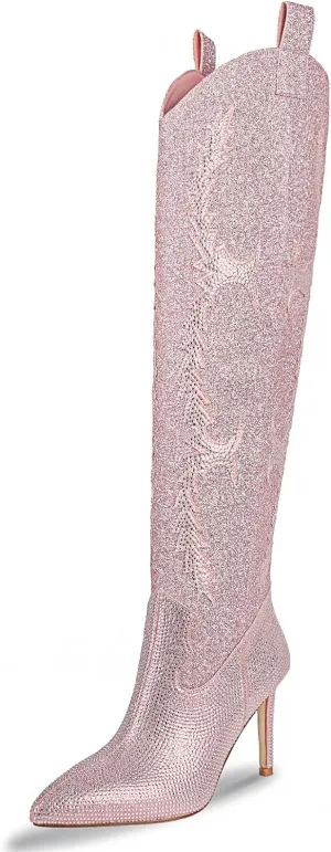 Ouepiano Women's Rhinestone Boots Thigh High Over The Knee Boots Sparkly Glitter Stiletto Pointed Toe Side Zipper