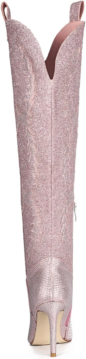 Ouepiano Women's Rhinestone Boots Thigh High Over The Knee Boots Sparkly Glitter Stiletto Pointed Toe Side Zipper