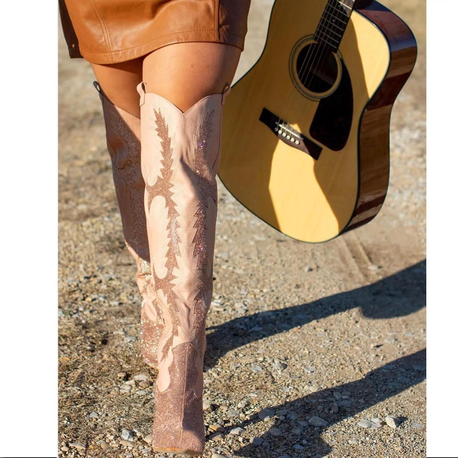 Ouepiano Women's Rhinestone Boots Thigh High Over The Knee Boots Sparkly Glitter Stiletto Pointed Toe Side Zipper