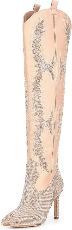 Ouepiano Women's Rhinestone Boots Thigh High Over The Knee Boots Sparkly Glitter Stiletto Pointed Toe Side Zipper