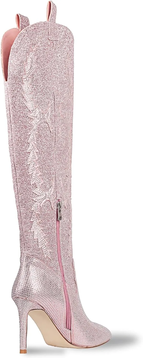 Ouepiano Women's Rhinestone Boots Thigh High Over The Knee Boots Sparkly Glitter Stiletto Pointed Toe Side Zipper