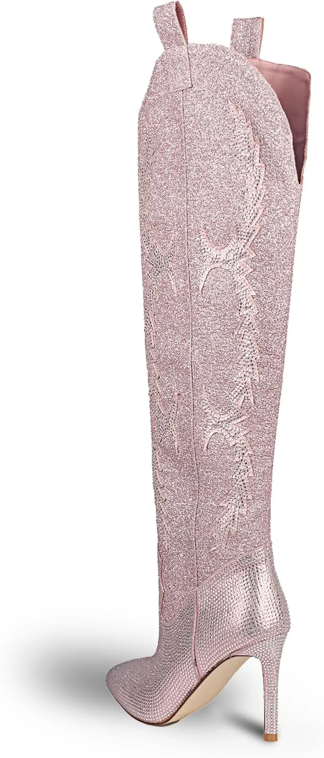 Ouepiano Women's Rhinestone Boots Thigh High Over The Knee Boots Sparkly Glitter Stiletto Pointed Toe Side Zipper
