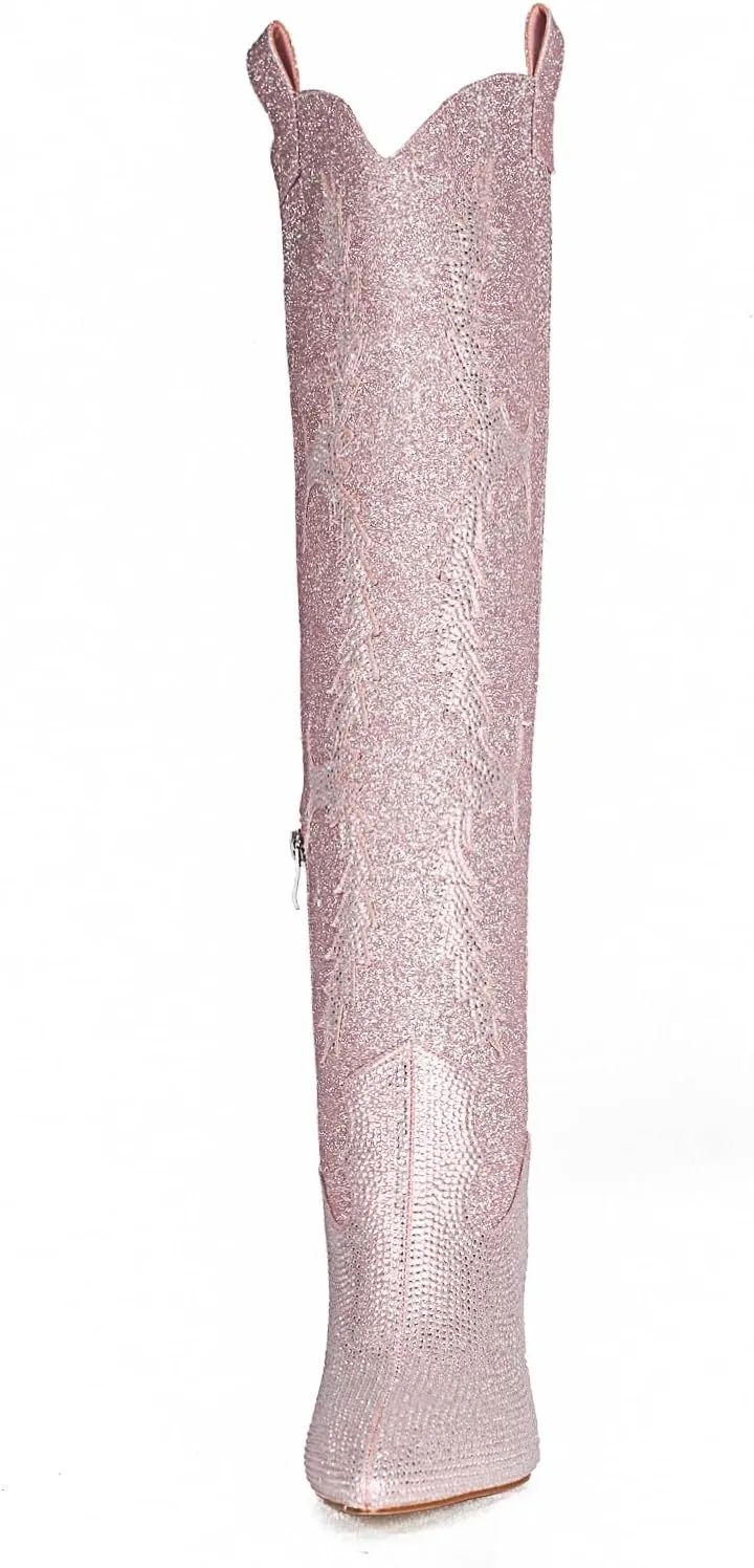 Ouepiano Women's Rhinestone Boots Thigh High Over The Knee Boots Sparkly Glitter Stiletto Pointed Toe Side Zipper