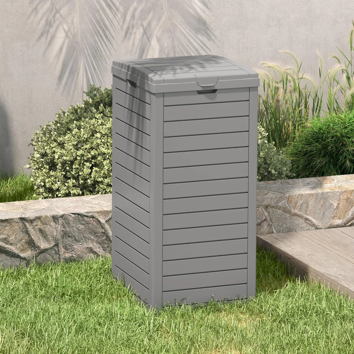 Outdoor Trash Can, 31 Gallon Garbage Can with Tiered Lid and Drip Tray, Waterproof Resin Patio Waste Bin for Garden, Backyard, Deck