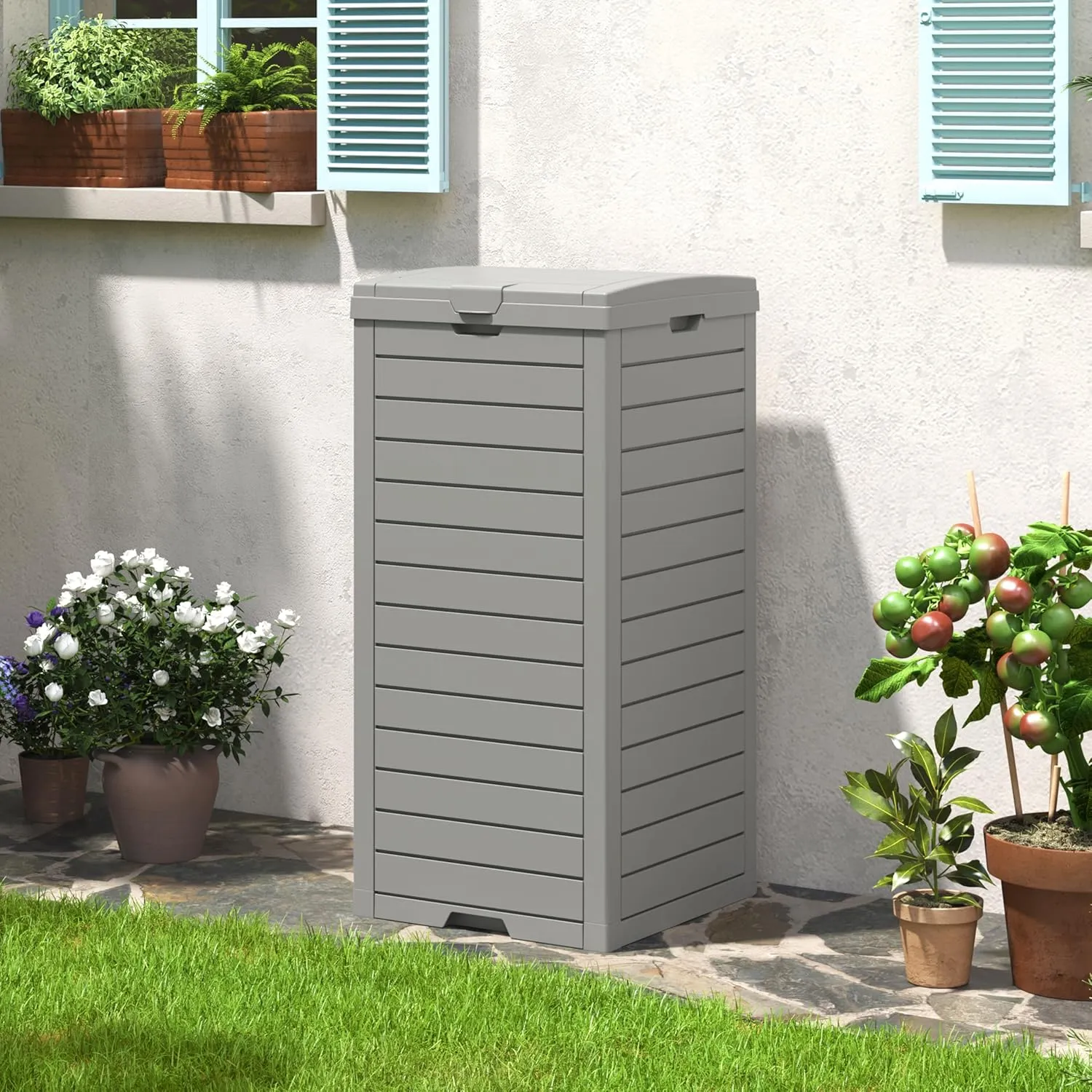 Outdoor Trash Can, 31 Gallon Garbage Can with Tiered Lid and Drip Tray, Waterproof Resin Patio Waste Bin for Garden, Backyard, Deck