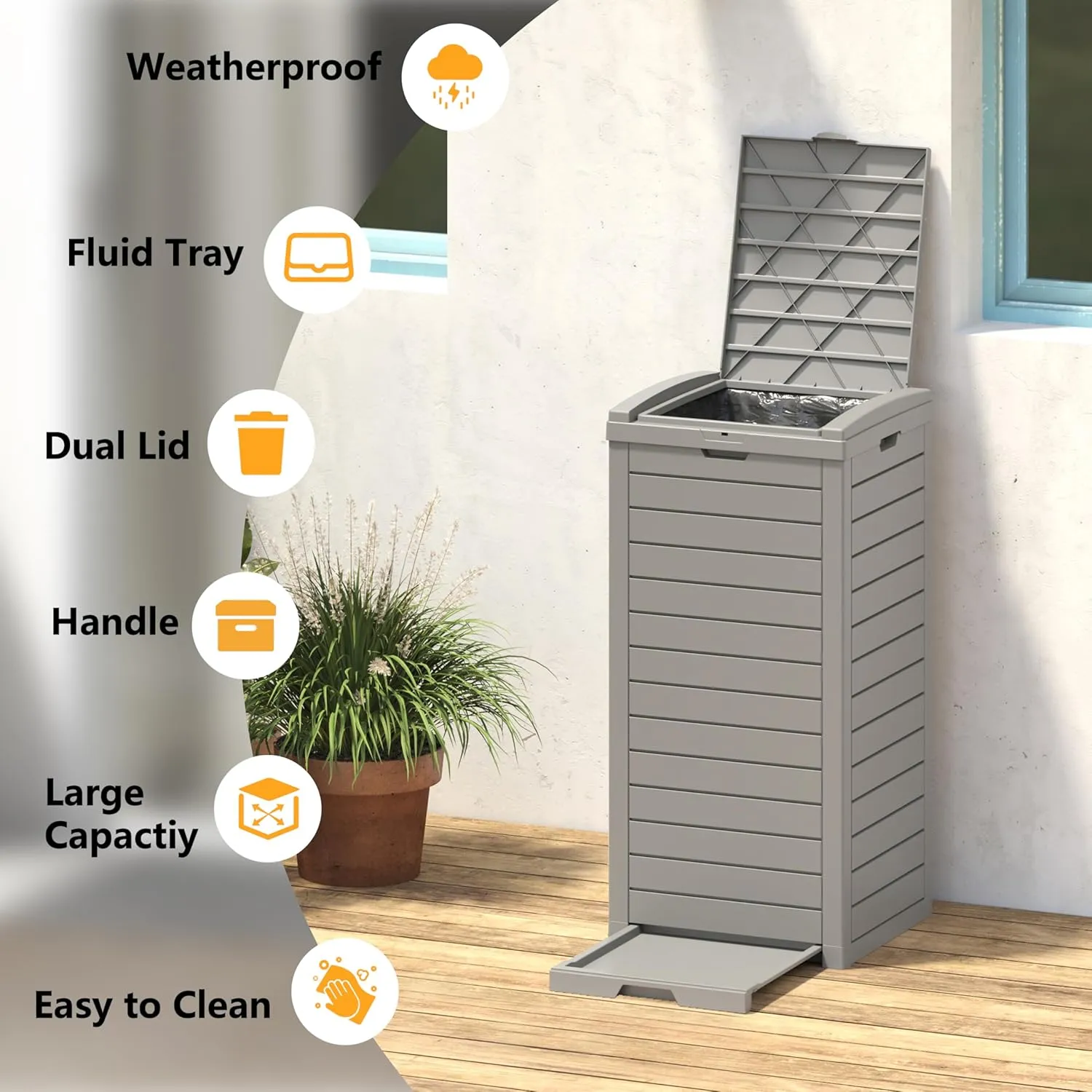 Outdoor Trash Can, 31 Gallon Garbage Can with Tiered Lid and Drip Tray, Waterproof Resin Patio Waste Bin for Garden, Backyard, Deck