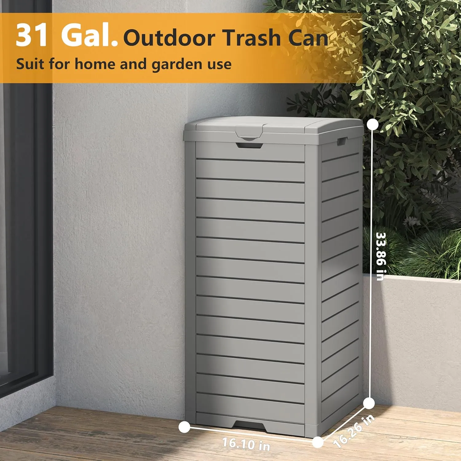 Outdoor Trash Can, 31 Gallon Garbage Can with Tiered Lid and Drip Tray, Waterproof Resin Patio Waste Bin for Garden, Backyard, Deck