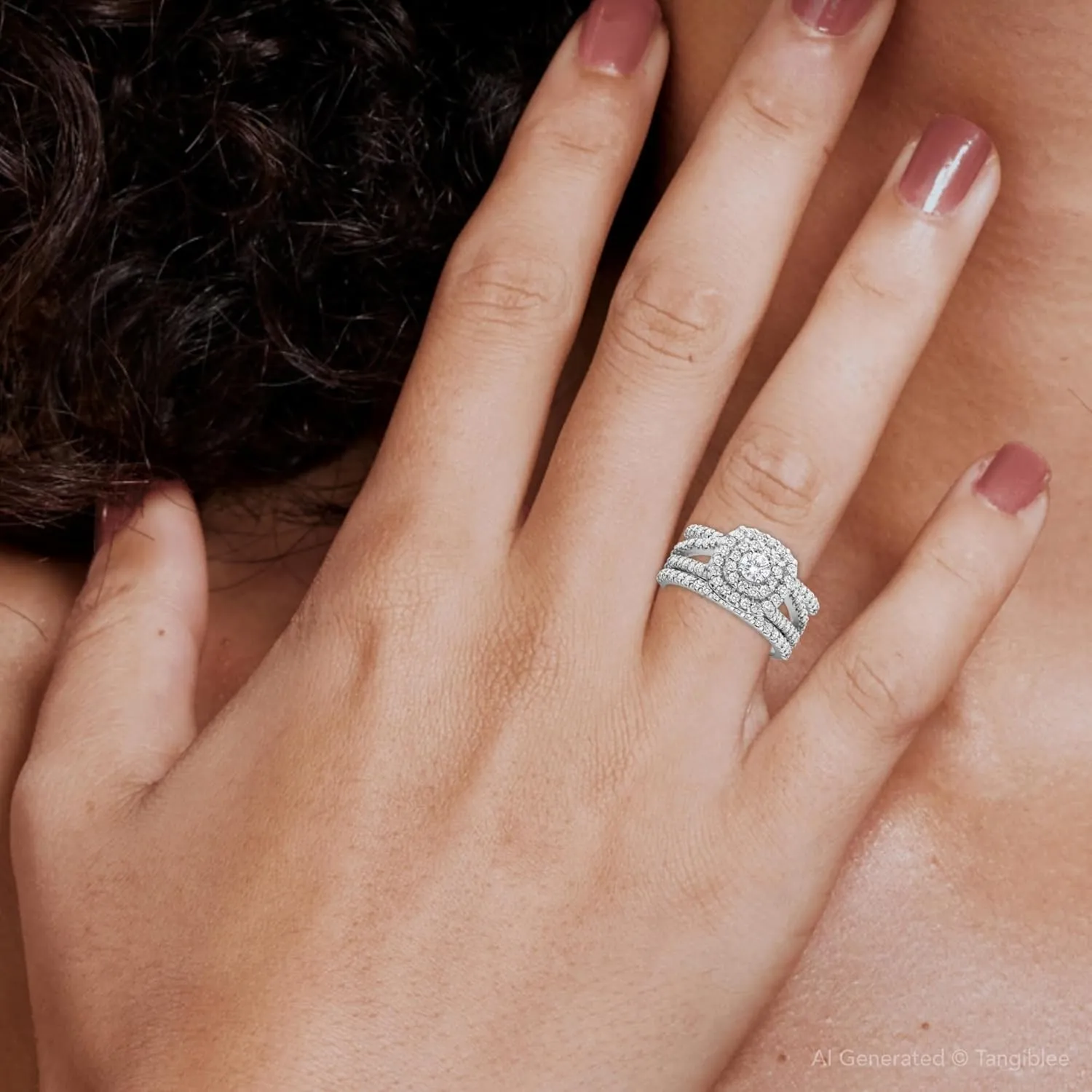 P3 POMPEII3 Pompeii 1 1/4ct Diamond Engagement Cushion Halo Wedding Ring Trio Set 10K White Gold