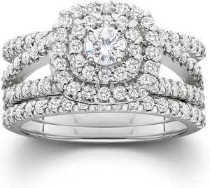 P3 POMPEII3 Pompeii 1 1/4ct Diamond Engagement Cushion Halo Wedding Ring Trio Set 10K White Gold