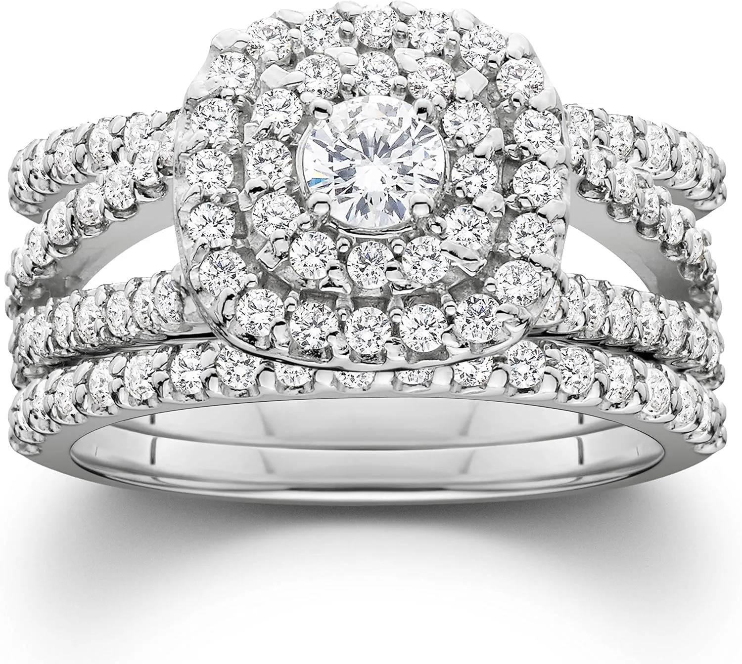 P3 POMPEII3 Pompeii 1 1/4ct Diamond Engagement Cushion Halo Wedding Ring Trio Set 10K White Gold