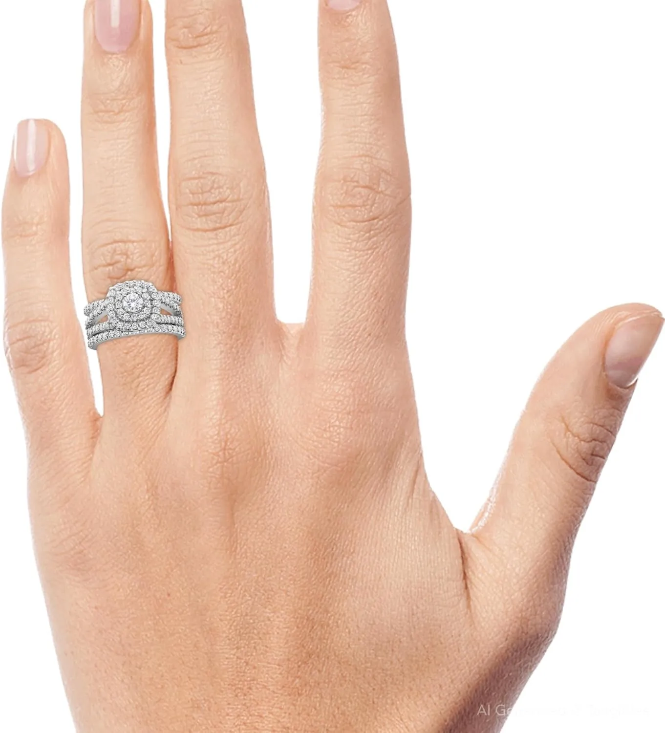 P3 POMPEII3 Pompeii 1 1/4ct Diamond Engagement Cushion Halo Wedding Ring Trio Set 10K White Gold
