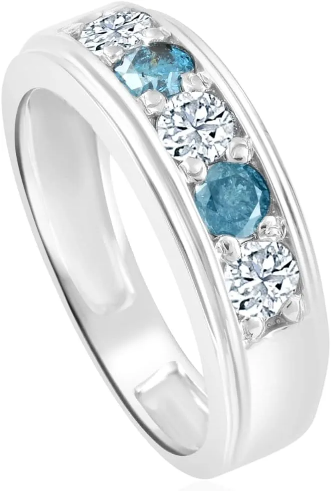 P3 POMPEII3 Pompeii 1 Ct T.W. Blue & White Diamond Mens Wedding Ring 5-Stone Anniversary White Gold