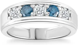 P3 POMPEII3 Pompeii 1 Ct T.W. Blue & White Diamond Mens Wedding Ring 5-Stone Anniversary White Gold