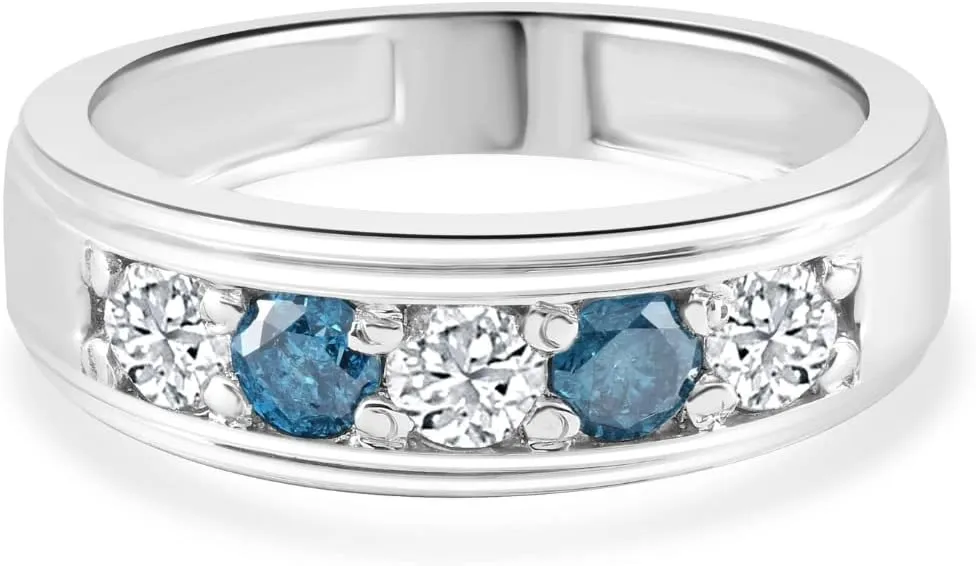 P3 POMPEII3 Pompeii 1 Ct T.W. Blue & White Diamond Mens Wedding Ring 5-Stone Anniversary White Gold