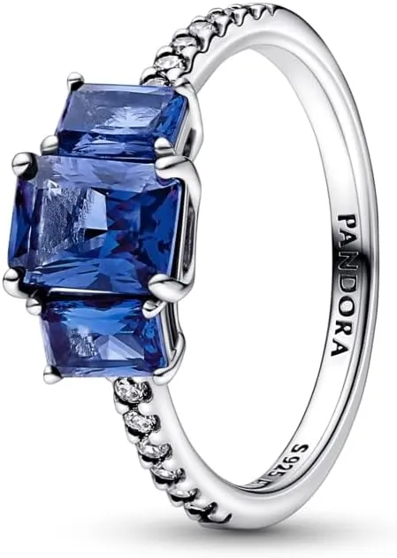 PANDORA Blue Rectangular Three Stone Sparkling Ring - Silver Ring for Women - Gift for Her - Sterling Silver with Man-Made Crystal & Cubic Zirconia - With Gift Box