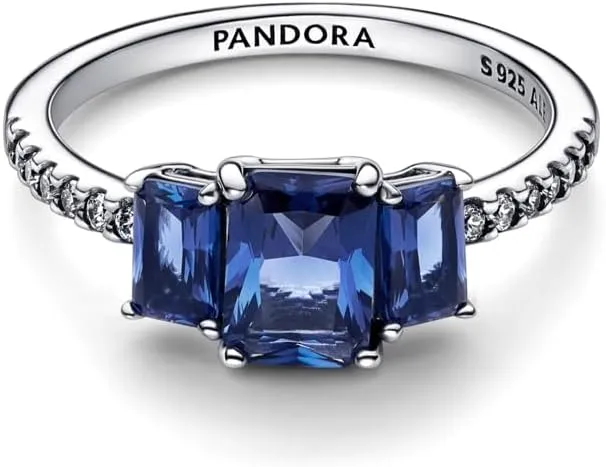 PANDORA Blue Rectangular Three Stone Sparkling Ring - Silver Ring for Women - Gift for Her - Sterling Silver with Man-Made Crystal & Cubic Zirconia - With Gift Box