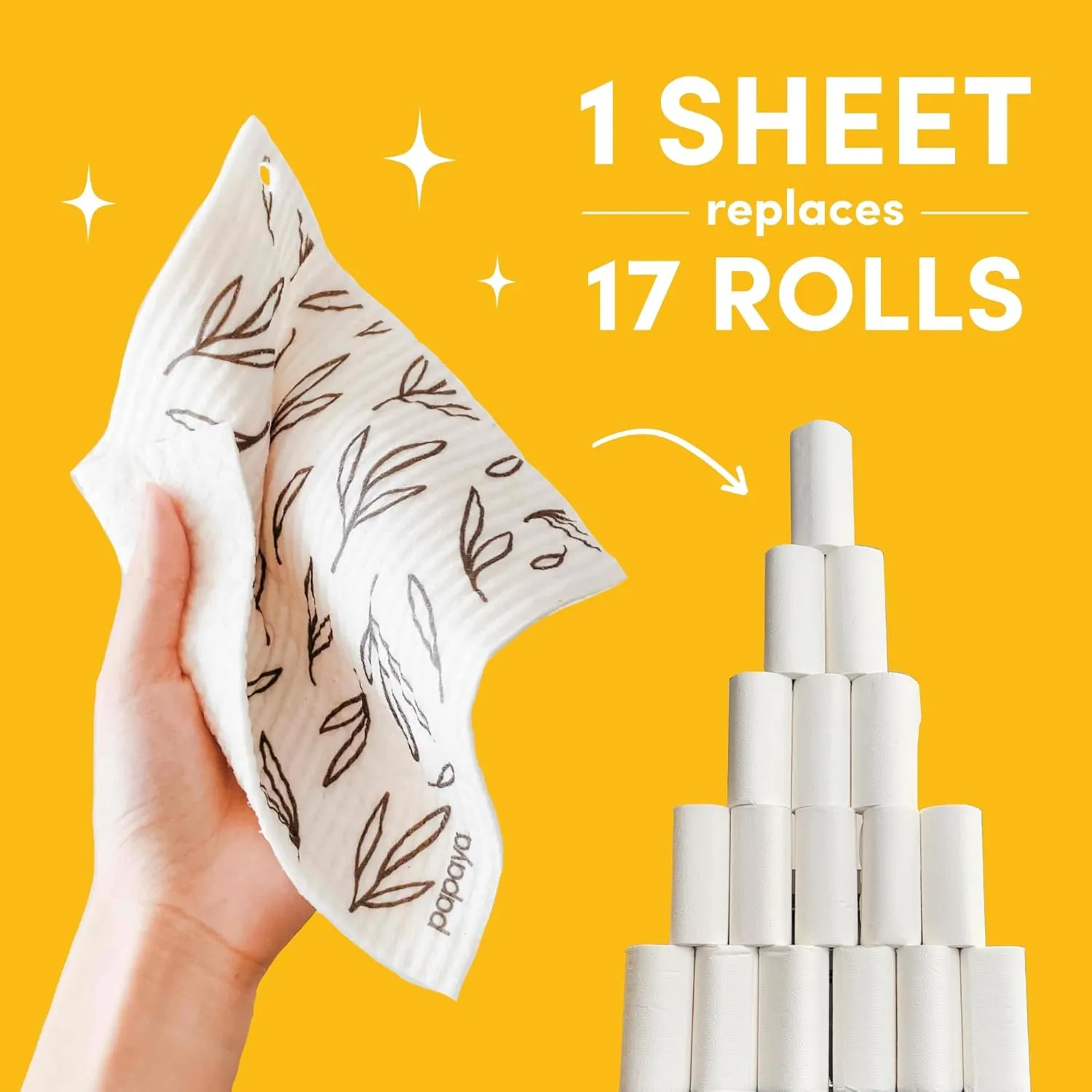Papaya Reusable Paper Towels 2-Pack - 2 Sheets   1 Hooks, Quick Drying, No Odor, 1 Sheet Replaces 17 Rolls, Washable Kitchen Cloth, Sustainable Dish Sponge, Eco Friendly Gift