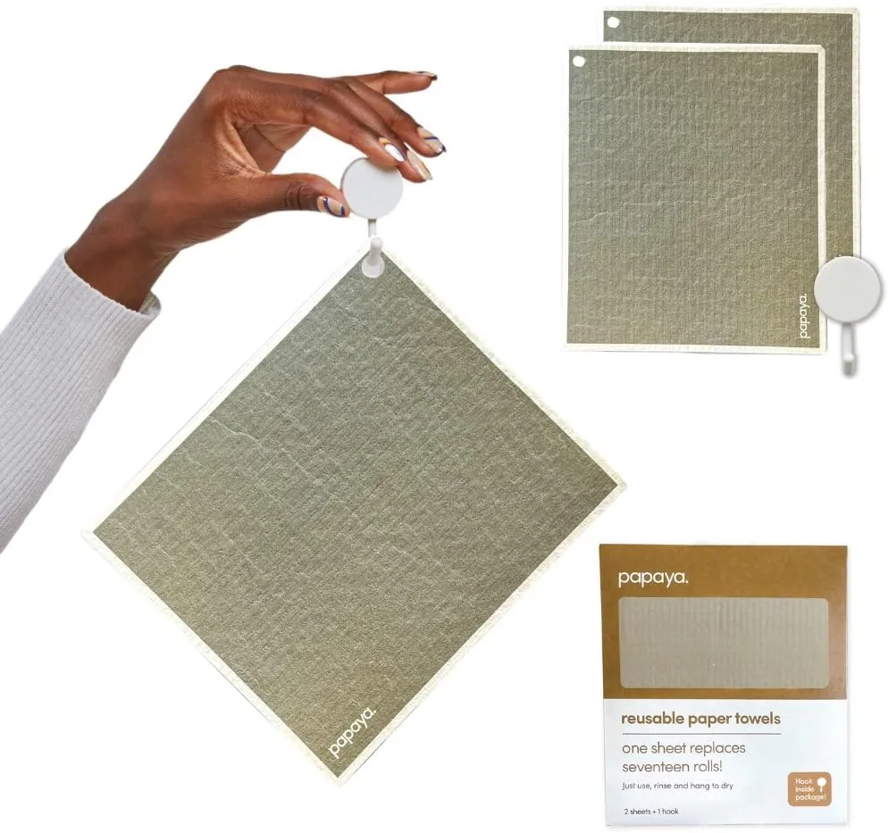 Papaya Reusable Paper Towels 2-Pack - 2 Sheets   1 Hooks, Quick Drying, No Odor, 1 Sheet Replaces 17 Rolls, Washable Kitchen Cloth, Sustainable Dish Sponge, Eco Friendly Gift