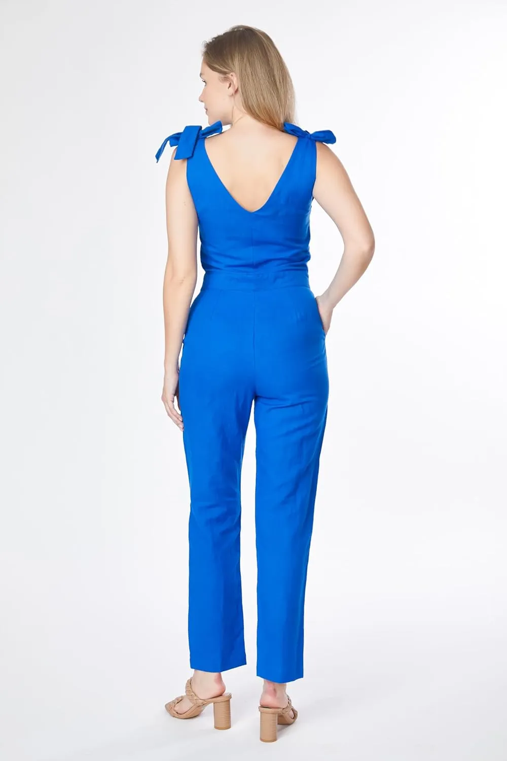Paradigm Women's Sleeveless Bow V-Neck Jumpsuit, Cobalt Blue, XS-2X, Cotton, Casual Chic